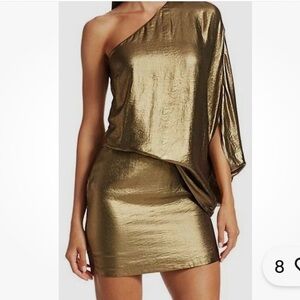 🎭🥑Halston Heritage Gold One-Shoulder Drape Sleeve Metallic Mini Dress | Size 12
